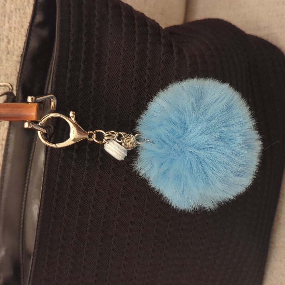 Light Blue Macaroon, Pom, Gem Silver Keychain